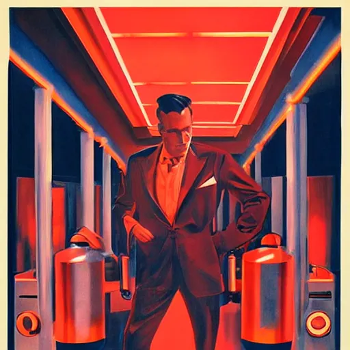 Image similar to man in futurist 6 0 ´ s lab, machines and futurist robots, red lights, leyendecker style, black suit