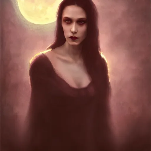 Prompt: Riveting Charismatic brunette female vampire, portrait, atmospheric lighting, painted, intricate, Highgate cemetery, volumetric lighting, beautiful, moon light, sharp focus, ultra detailed, by Leesha Hannigan, Ross Tran, Thierry Doizon, Kai Carpenter, Ignacio Fernández Ríos