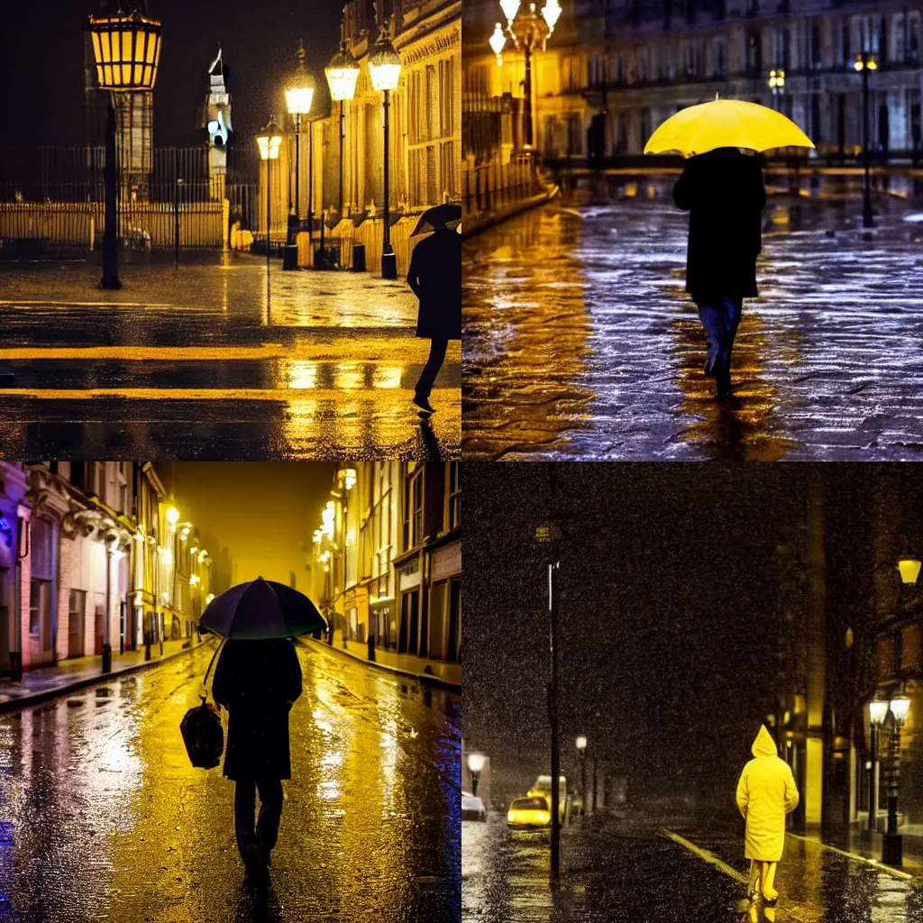 Prompt: a man in a yellow raincoat walks alone through the lonely streets of london at night and rain