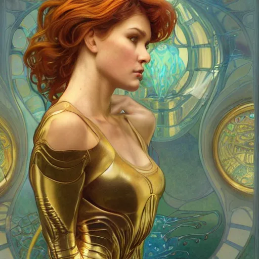 Image similar to Portrait of Samus Aran drawn by Donato Giancola and Tom Bagshaw, face by Artgerm, overall design by Alphonse Mucha, background by James Jean and Gustav Klimt, light by Julie Bell, 4k, golden accents, porcelain skin, komorebi, french nouveau, trending on artstation, octane render, hyperrealistic