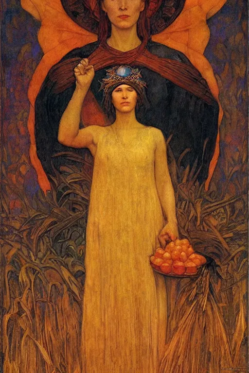 Image similar to queen of the harvest with her bounty by Annie Swynnerton and Nicholas Roerich and jean delville, strong dramatic cinematic lighting , ornate headdress , flowing robes, lost civilizations, smooth, sharp focus, extremely detailed