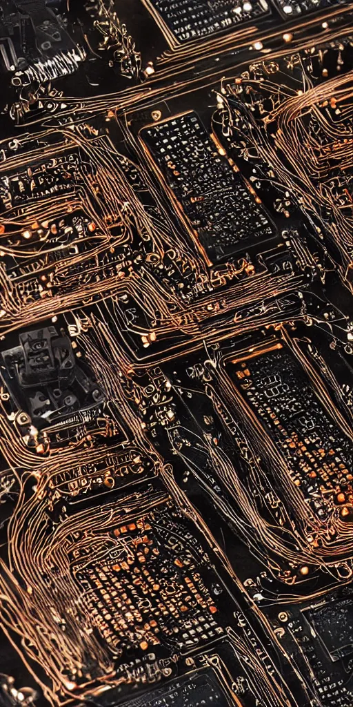 Image similar to densely detailed black and copper computer circuits, transistors, led, wire, macro photography, translucent pastel panels, smooth stylised shapes, embedded in clear epoxy, macro, overlaping layers, hyperrealistic vfx render