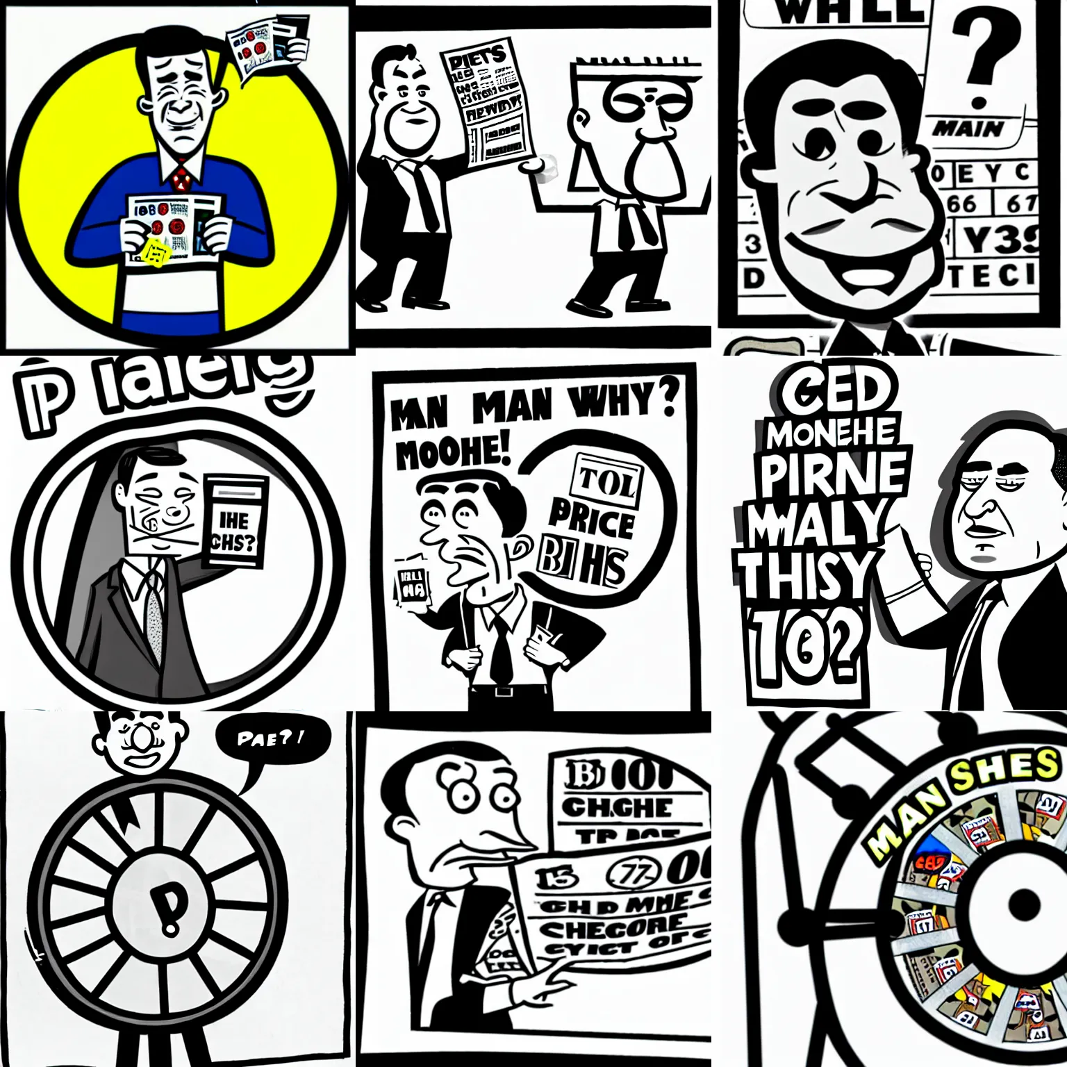Prompt: man wearing price is right wheel, money, cartoon,newspaper illustration , caricature, b&w