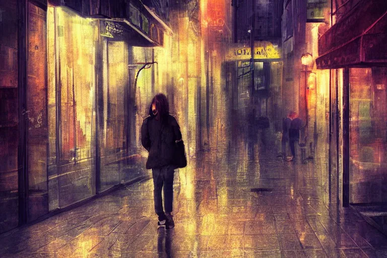 Prompt: sad city, street, depth of field, by wlop, at night, poster, highly detailled