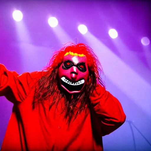 Prompt: ronald mcdonald performing with slipknot