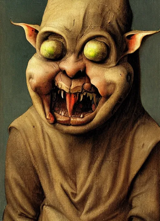 Image similar to medieval goblin, head and shoulders, painted by hieronymus bosch, detailed digital art, trending on Artstation