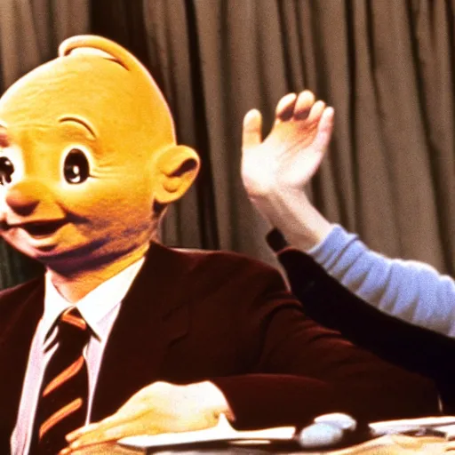 Image similar to color photo of robert oppenheimer debating with teletubbies