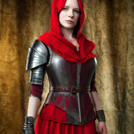 Image similar to full body photo red riding hood christina hendricks armoured warrior, highly detailed, 4k, HDR, award-winning photo