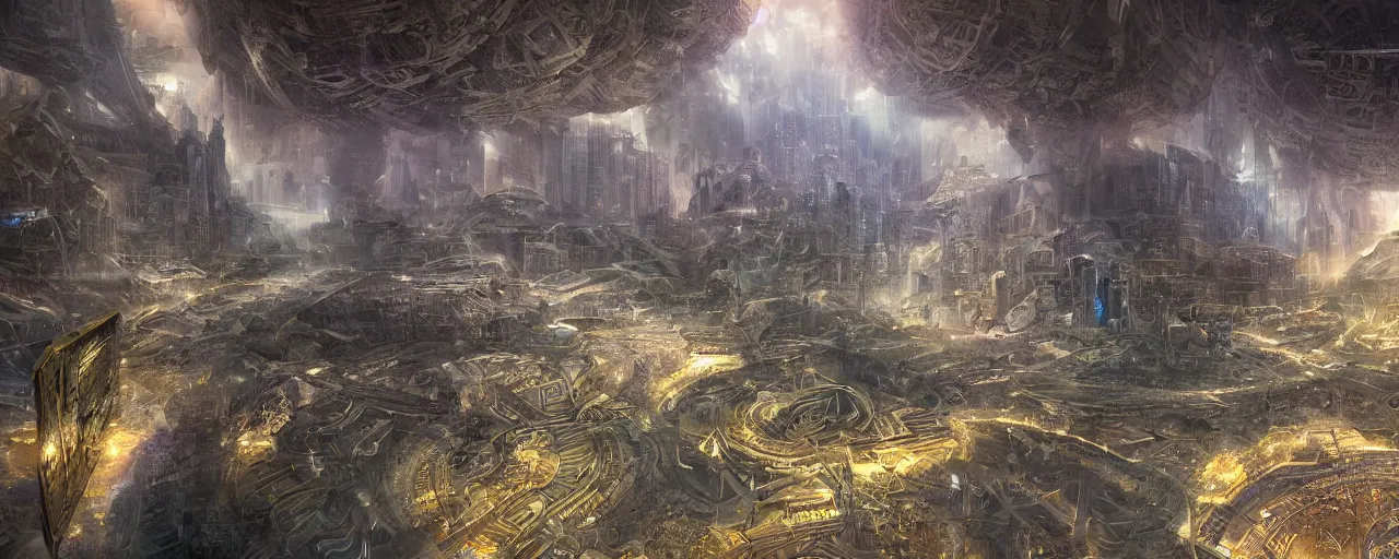 Image similar to internal City in the internal earth, dream scape, futuristic, DMT by steven spielberg, epic composition, sci-fi, intricate, elegant, highly detailed, digital painting, sharp focus