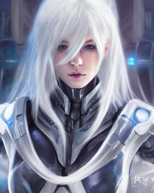 Image similar to perfect white haired girl, warframe armor, beautiful, dreamy, pretty face, blue cyborg eyes, portrait, detailed, bright light, scifi, elegant, utopian architecture in the background, laboratory, 4 k, ultra realistic, aura of light, cinematic, highly detailed, intricate, masterpiece, art by akihito tsukushi, akasuki brightmind