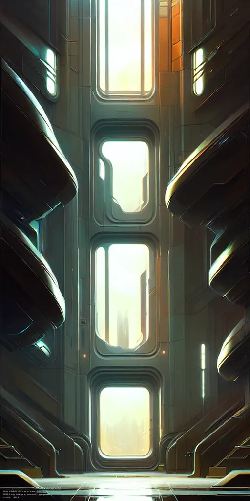 Image similar to hyper realistic art - deco sci - fi double door by jordan grimmer, darek zabrocki