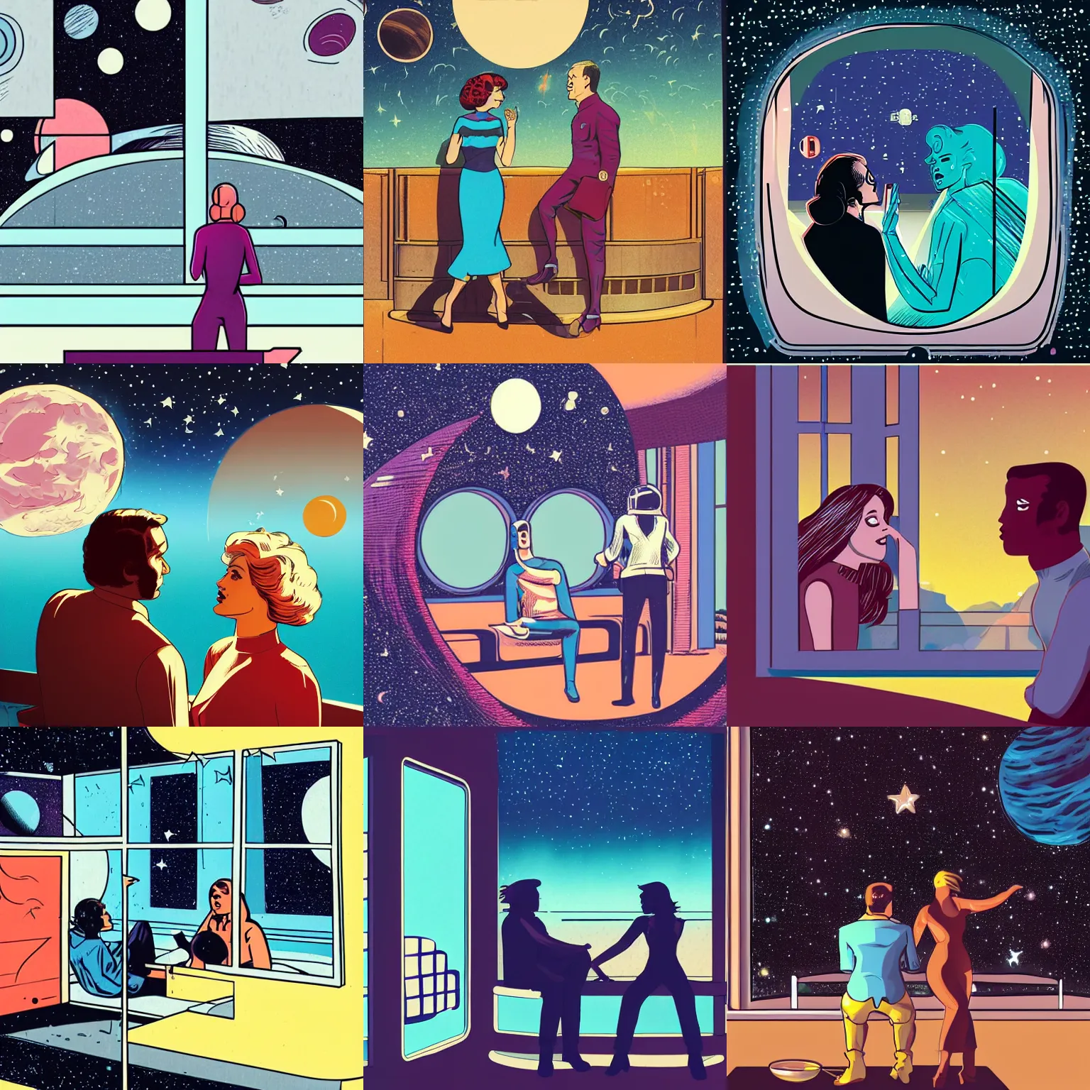 Prompt: retro futuristic comics cosmoopera, man talking with woman near window view to planet and stars