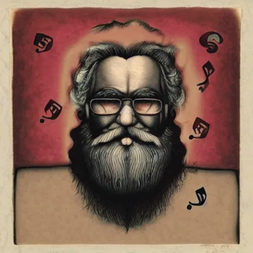 Image similar to old man white beard, synthesizer, notaes and clefs around him, lowbrow surrealistic, in the style of Mark Ryden,