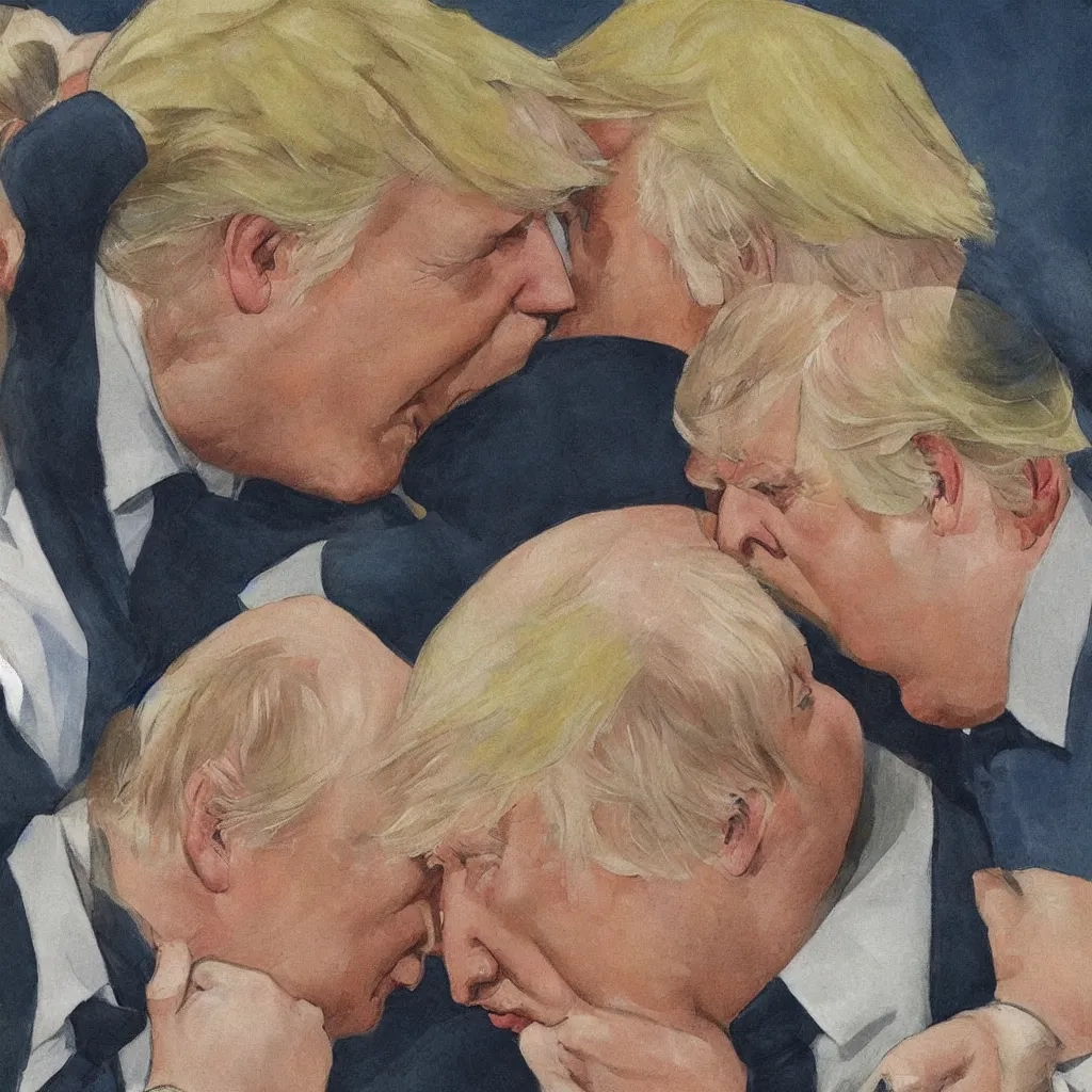 Image similar to boris johnson and donald trump kissing in the style of my god, help me to survive this deadly love by dmitri vrubel