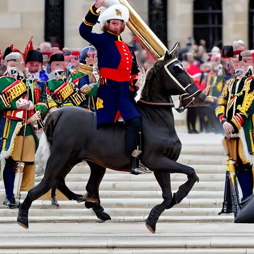 Prompt: emmanuel macron dressed as napoleon, firing a cannon, aiming at england