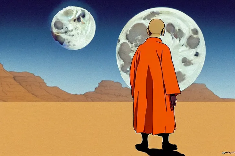 Image similar to a study of cell shaded cartoon of an android monk in an orange robe from howl's moving castle ( 2 0 0 4 ) on a desert road, in front of a big moon, full body, wide shot, very muted colors, post grunge, studio ghibli, highly detailed, deviantart, art by artgem