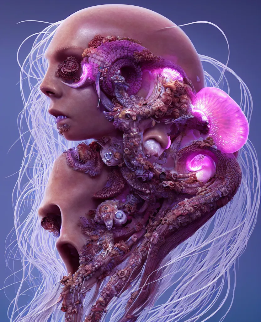 Image similar to goddess princess face close-up portrait ram skull. jellyfish phoenix head, nautilus, orchid, skull, betta fish, bioluminiscent creatures, intricate artwork by Tooth Wu and wlop and beeple. octane render, trending on artstation, greg rutkowski very coherent symmetrical artwork. cinematic, hyper realism, high detail, octane render, 8k