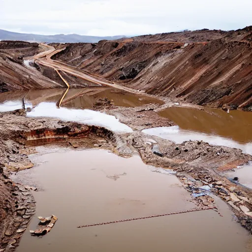 Image similar to underground copper mine, flooded, dirty water, rusty pipes