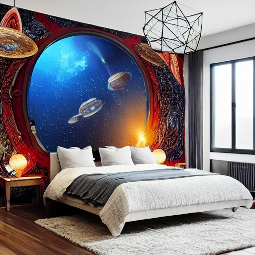 Image similar to a cozy bohemian bedroom interior with wall murals of space whales, detailed, high resolution, wow!, intricate, volumetric lighting, raytracing