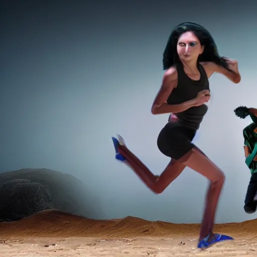 Image similar to alien next to salma haylek running from aliens