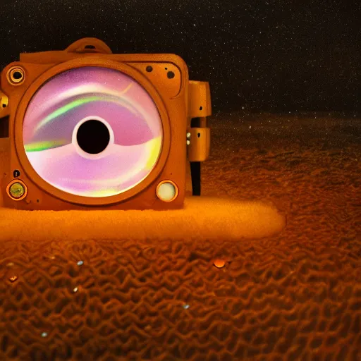 Image similar to cardboard camera, floating, extreme closeup, center frame, symmetric, rim light, marine microbiology, bioluminescence, electric, fur, soft, concept art, intricate details, highly detailed, colorful, photorealistic, disney pixar, octane render, iridescent, anime, 8 k