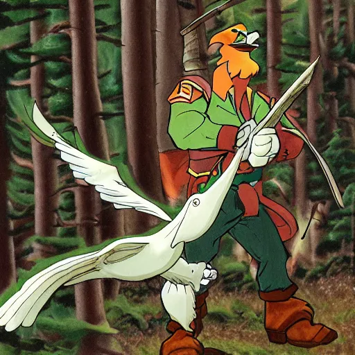 Image similar to eagle commander leading bird soldier in forest clearing, detailed, white, by don bluth