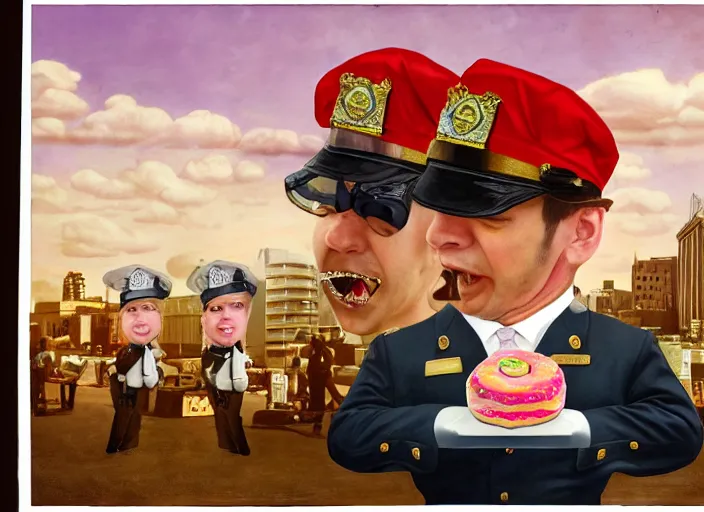 Prompt: a donut eating a police officer, lowbrow, matte painting, 3 - d highly detailed, in the style of mark ryden,