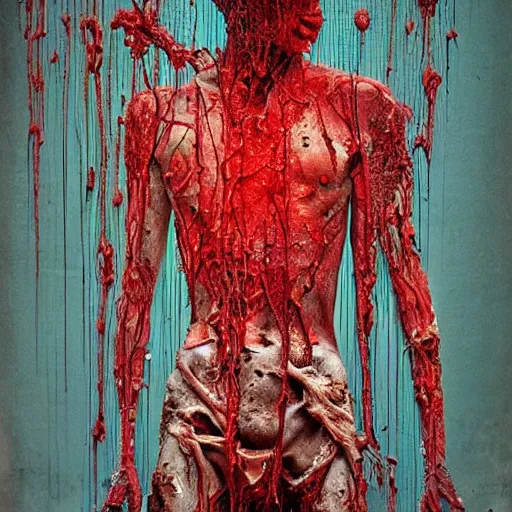 Prompt: cyberpunk rotting torso flesh decay, lacerations, dripping splattered red oil, by giger and zdzisław beksinski, surrealism dark art by james jean, electrical wiring and broken machines, cables veins tendons blood, degraded, autochrome, film grain, light leaks, stains