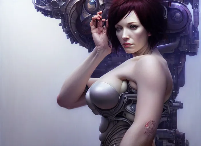 Prompt: body shot of christina hendricks in ghost in the shell, intricate, elegant, highly detailed, centered, digital painting, artstation, concept art, smooth, sharp focus, illustration, artgerm, tomasz alen kopera, peter mohrbacher, donato giancola, joseph christian leyendecker, wlop, boris vallejo