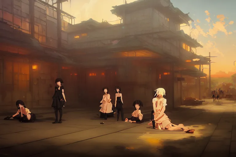 Prompt: baroque oil painting of key visual concept art of anime maids chaining captured pows to trucks, brutalist, dark fantasy, rule of thirds golden ratio, fake detail, trending pixiv fanbox, acrylic palette knife, style of makoto shinkai studio ghibli genshin impact james gilleard greg rutkowski chiho aoshima