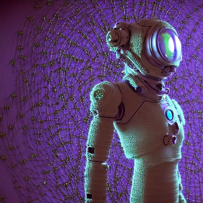 Image similar to a cybernetic symbiosis of a single astronaut mech-organic eva suit made of pearlescent wearing knitted shiny ceramic multi colored yarn thread infected with diamond 3d fractal lace iridescent bubble 3d skin dotted covered with orb stalks of insectoid compound eye camera lenses floats through the living room, film still from the movie directed by Denis Villeneuve with art direction by Salvador Dalí, wide lens,kevlar,carbon fiber,ceramics,gaseous materials,