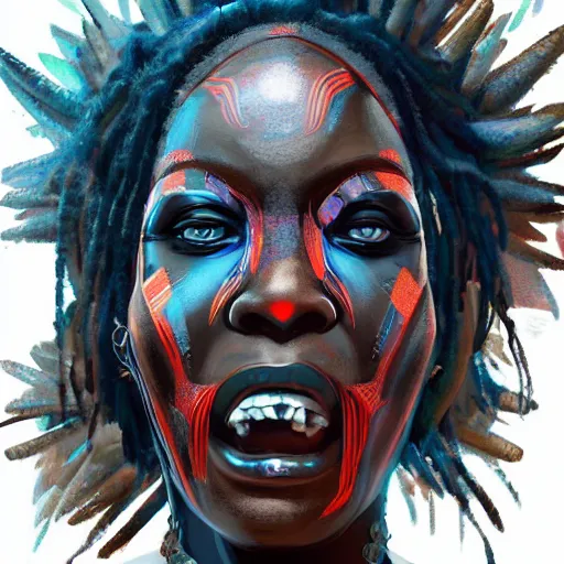 Image similar to a menacing cyberpunk voodoo haitian shaman, Apex Legends character digital illustration portrait design, by android jones, detailed, cinematic lighting, wide angle action dynamic portrait