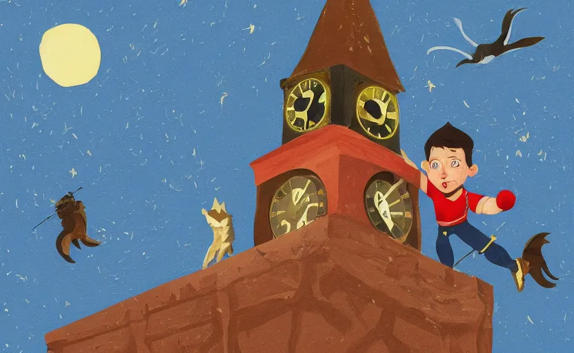 Image similar to a boy fighting a wolf on the edge of a clocktower, storybook, gouache, flat, print