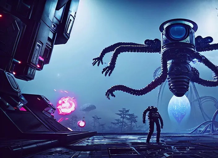 Image similar to astronaut fighting off a mechanical alien. on the background of a weird magical mechanical forest. Intricate. Very detailed 8k. Fantasy cyberpunk horror. Sharp. Cinematic post-processing. Unreal engine. Nanite. Ray tracing. Parallax. Tessellation