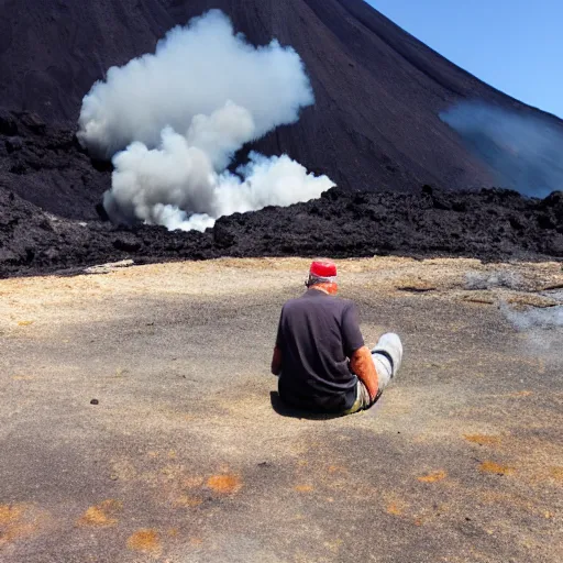 Image similar to old man sunbathing on a volcano, eruptions and lava on the ground, steam and thick sulfuric smoke, molten rocks, magma