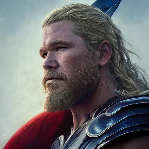 Image similar to A portrait of Josh Brolin as thor, Thor art, art by greg rutkowski, matte painting, trending on artstation