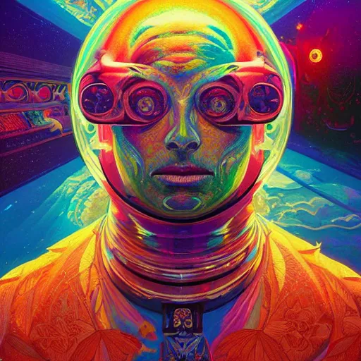 Image similar to An extremely psychedelic experience, colorful, surreal, dramatic lighting, cosmonaut, LSD, face, detailed, intricate, elegant, highly detailed, digital painting, artstation, concept art, smooth, sharp focus, illustration, art by Sam Spratt, Dan Mumford, Artem Demura and Alphonse Mucha