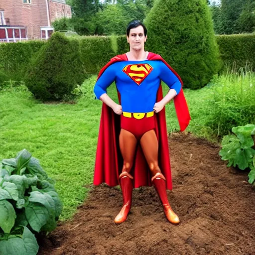 Image similar to Superman in the garden digs potatoes