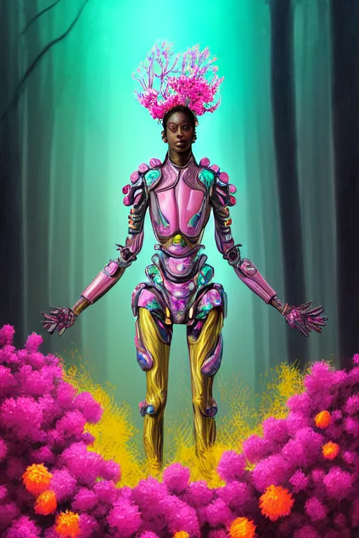 Image similar to illustration neo - baroque cinematic super expressive! yoruba goddess with exoskeleton armor, merging with tree in a forest, pink yellow flowers, highly detailed digital art masterpiece, smooth etienne sandorfi eric zener dramatic pearlescent soft teal light, ground angle uhd 8 k, sharp focus