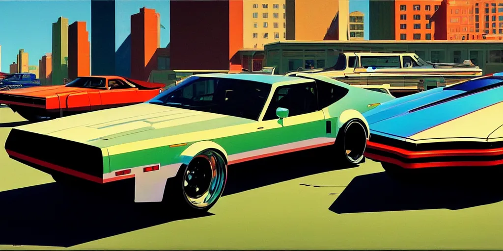 Prompt: art style by Ben Aronson and Edward Hopper and Syd Mead, wide shot view of Need for Speed, on ground level. full view of the hybrid design any two cars from 1980's, with wide body kit modification and dark pearlescent holographic paint.