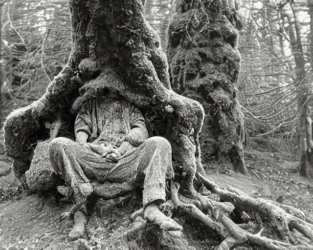 Prompt: “A vintage black and white photograph of a seated man covered with moss and lichen. Wistman's Wood”