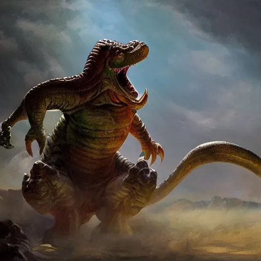 Prompt: An ultra realistic portrait painting of Yoshi the Dinosaur wearing his saddle in the style of Frank Frazetta, 4k, Ultrarealistic, Highly Detailed, Dark Fantasy, Epic Lighting