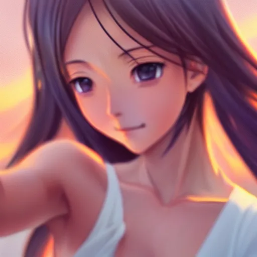 Prompt: beautiful serene intricate very detailed portrait of a realistic anime girl taking a selfie smiling softly, relaxing on the beach, golden hour, soft focus, 8 k, art by irakli nadar, hyperrealism, hyperdetailed, ultra realistic