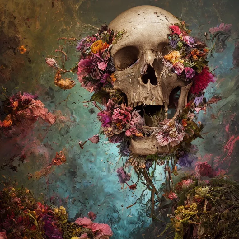 Image similar to A beautiful oil painting hyperrealism of a decayed head, rotting clay skin, skull bones, flowers, floral headdress, 8k resolution, octane render, Trending on artstation, by Gediminas Pranckevicius, volumetric light 2blue fractal Thunder glow by dan mumford, anaglyph effect, Laurie Lipton