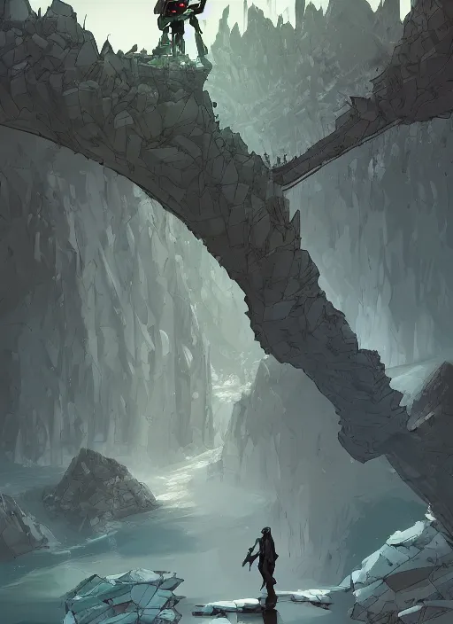 Prompt: comic book art of a [ man ] in trenchcoat in armour crossing a [ bridge ] above a [ cliff ] [ mountain in the background ] [ forest ] made of crystalized glowing rock, a [ glowing temple ] extends into the sky, low angle, artstation illustration, elegant, arcane by tim doyle