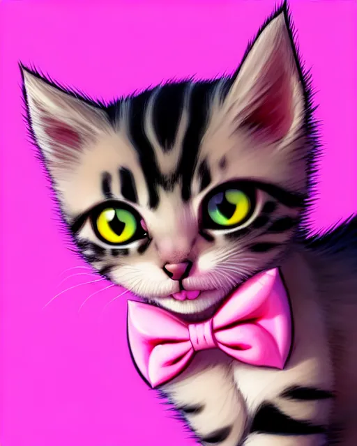 Image similar to hyper - realistic portrait of a very cute kitten, pink bow, big eyes, looking into the camera, gta v cover art, celshading, sharp focus, intricate, detailed, rhads, andreas rocha, makoto shinkai, lois van baarle, ilya kuvshinov, greg rutkowski, dynamic lighting, grunge aesthetic, 4 k