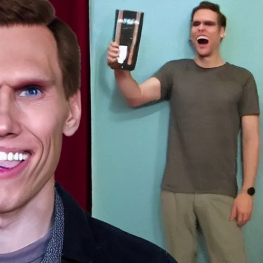 Image similar to jerma showing off his true colors as a psychopath, wide smile