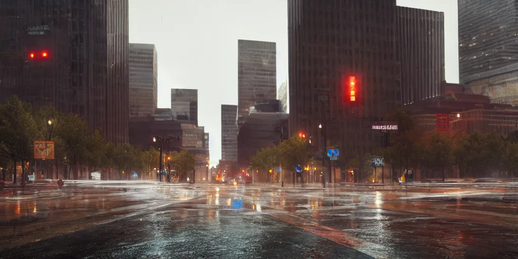 Prompt: late - stage capitalist downtown denver with heavy rain, cinematic, ultra - realistic, ultra - detailed, octane render, unreal engine 5, depth of field