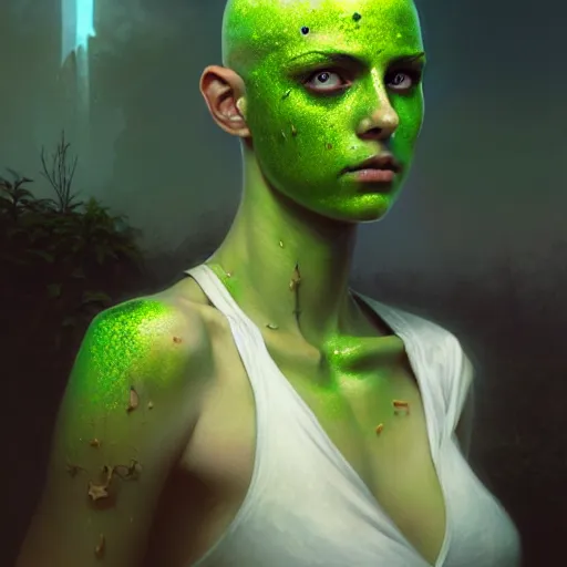 Prompt: portrait painting of a post - apocalyptic bright green haloed bald androgynous teenager with white eyes and green halo, ultra realistic, concept art, intricate details, eerie, highly detailed, photorealistic, octane render, 8 k, unreal engine. art by artgerm and greg rutkowski and charlie bowater and magali villeneuve and alphonse mucha