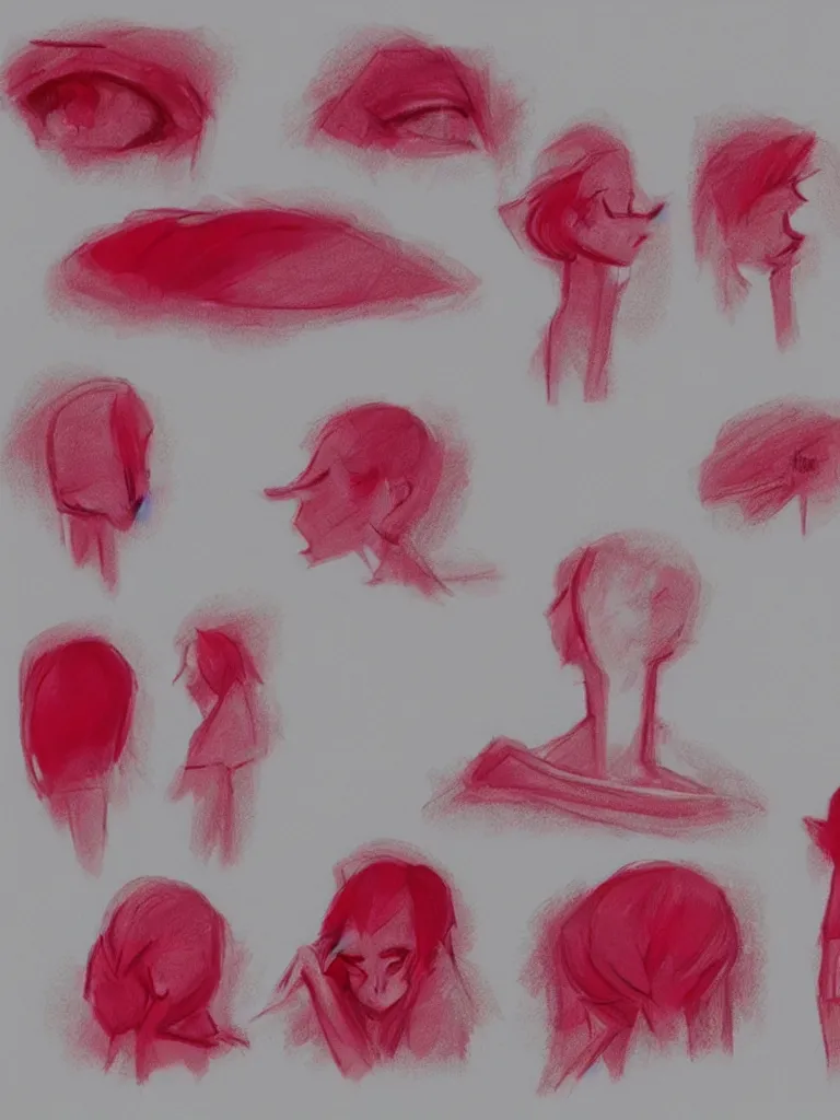 Prompt: sobbing, pink, red, and black sketches by concept artists, rule of thirds, whimsical!!!, light and shadow, backlighting